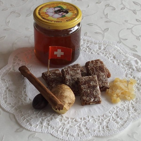 Basler Läckerli (spiced gingerbreads) with ingredients