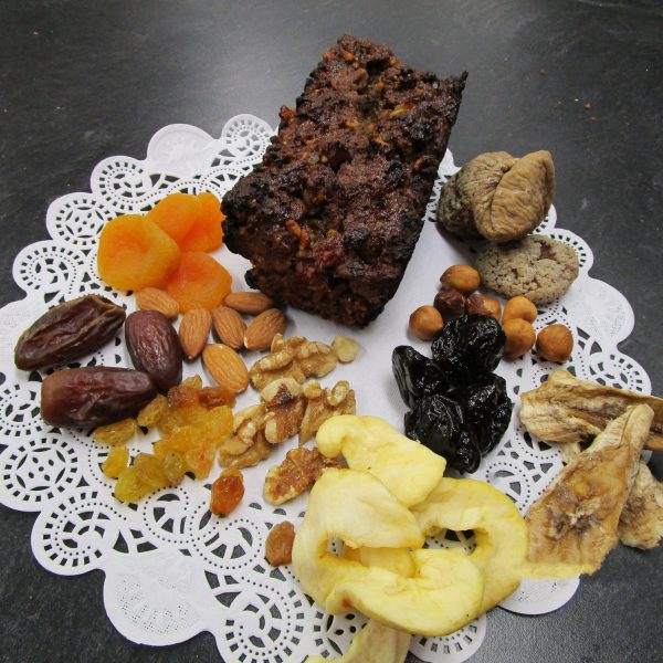 Hutzelbrot (German fruitcake) with main ingredients